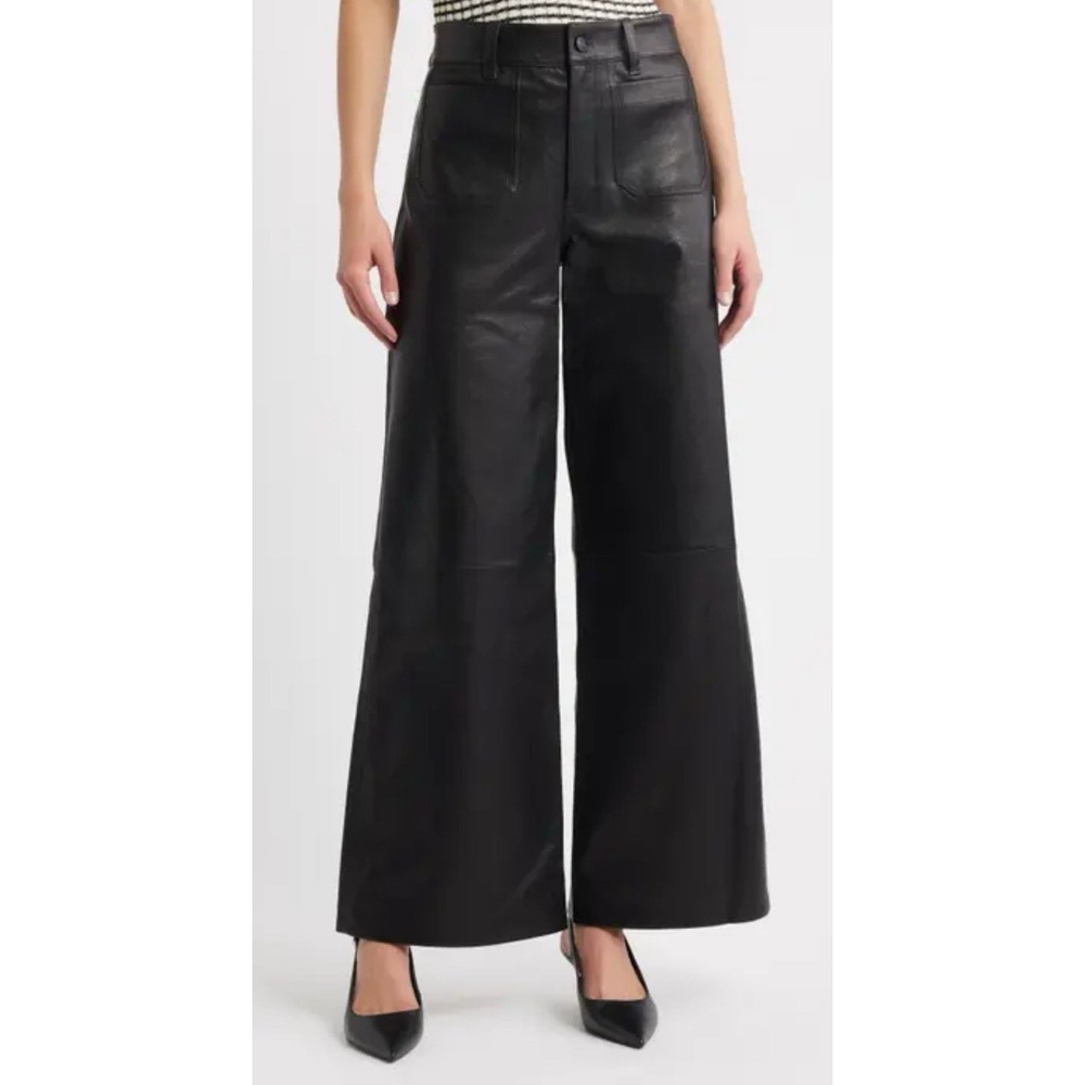Zara Marine Wide Leg Black Faux Leather Patch‎ Pocket Zipper Women's Size 6